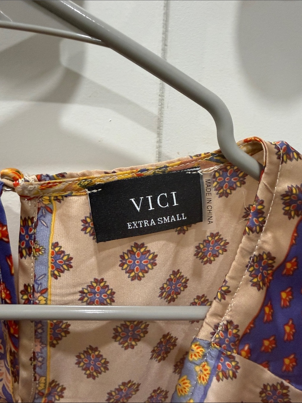 VICI Patchwork Tie-Waist Romper in Beige, Blue & Mustard - Picture 2 of 5